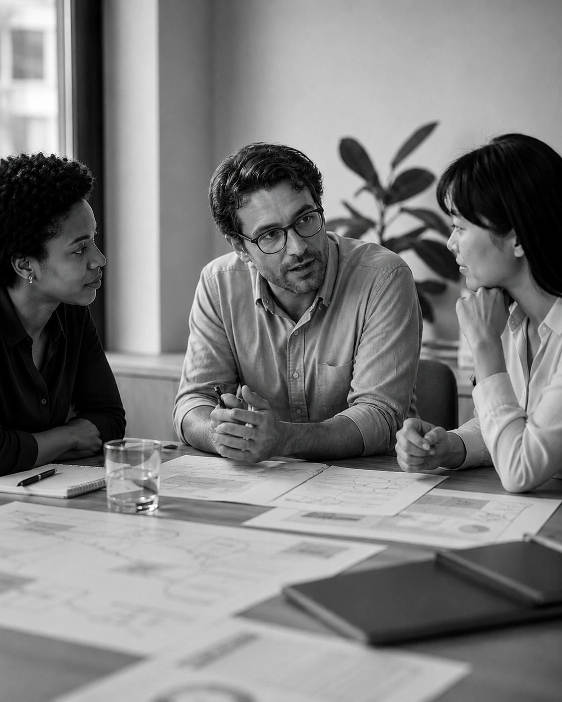 Three colleagues in discussion around a table with workshop materials